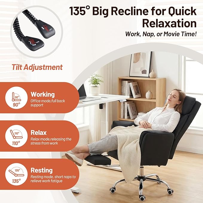 Furniliving Big and Tall Office Chair, Ergonomic Computer Desk Chair with Footrest, Wide Seat Reclining Gaming Chair, Flip Armrests for Cross Legged Sitting, Heavy Duty Support up to 400LBS, PU, Black