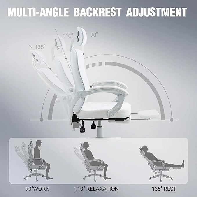 Ergonomic High Back Office Chair with Wide Thick Seat Cushion,Adjustable Lumbar Support and Backrest (White w/Footrest)