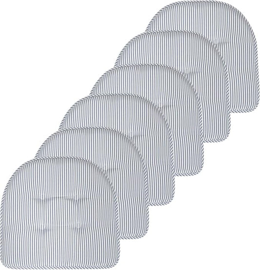 Sweet Home Collection Chair Cushion Memory Foam Pads Tufted Slip Non Skid Rubber Back U-Shaped 17" x 16" Seat Cover, 6 Count (Pack of 1), Pinstripe Blue