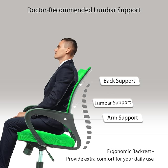 Ergonomic Office Chair with Lumbar Support - Breathable Mesh Computer Chair, Adjustable Height & Tilt, 360° Swivel for Home/Office, Metal Base, Green
