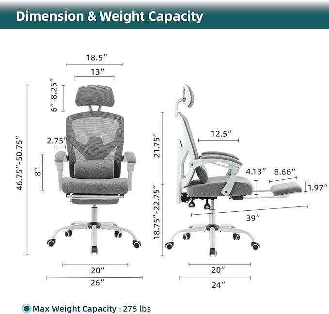 DUMOS Home Office Desk Chair with Footrest, High-Back Mesh Rolling Swivel Reclining Chairs with Wheels, Comfortable Headrest, Lumbar Support, Comfy Arms for Home, Office, Gaming, Student,Elegant Grey