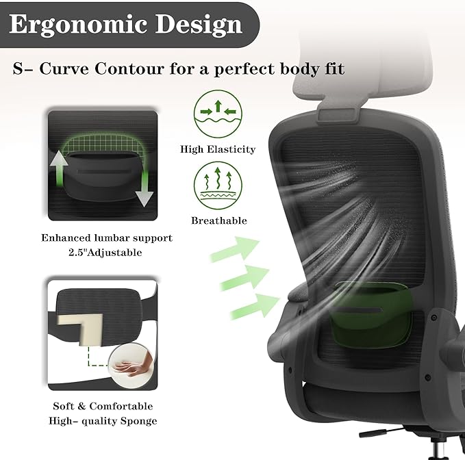 Ergonomic Office Chair for Long Hours Sitting – Back & Neck Pain Relief, Adjustable Lumbar Support & Headrest, High-Density Foam Seat, Ideal for Work & Home Office, Black