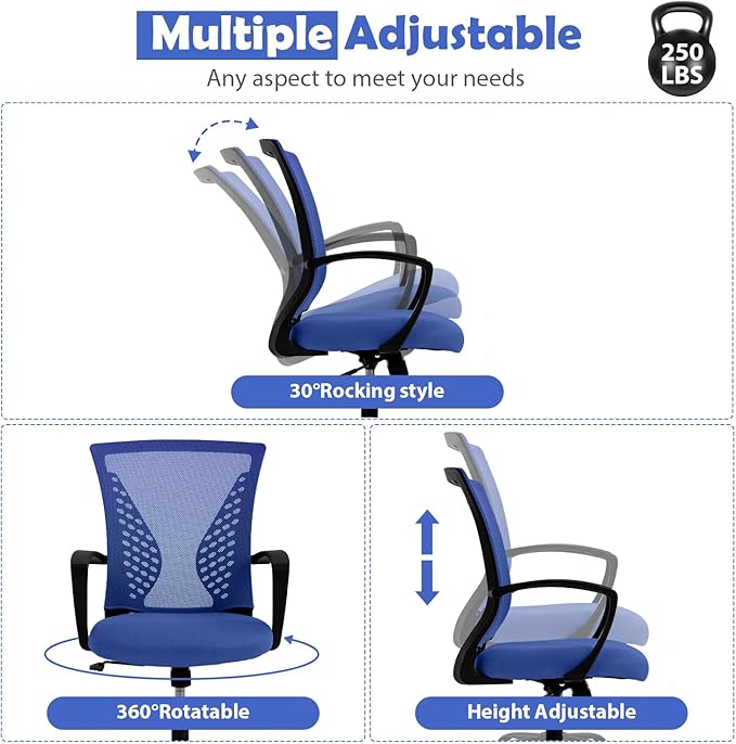 Mesh Office Chair with Adjustable Height & Arms - Ergonomic Mid Back Swivel Chair for Desk, Comfortable Home Computer Chair with Lumbar Support, Modern Design (Blue)