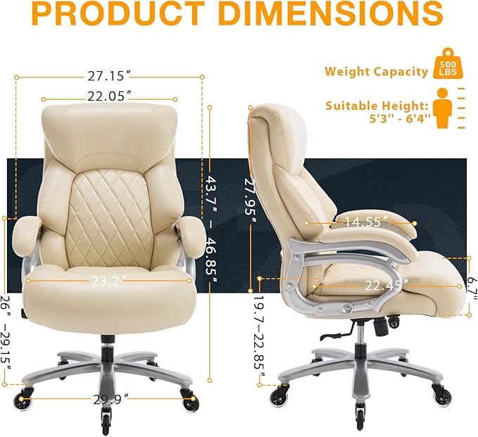 ZSQN Big and Tall Office Chair for Heavy People, 500LBS High Back Extra Wide Heavy Duty Executive Office Chair Comfortable for Home, Large Computer Desk Chairs with Adjustable Lumbar Support Beige