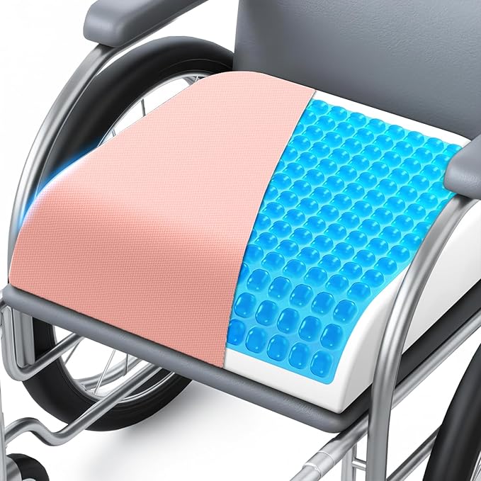 Wheelchair Seat Cushion for Pressure Relief, Cooling Gel Memory Foam Chair Cushion with Slope-Edge Design, Coccyx Support for Tailbone Pain, Non-Slip, for Wheelchairs, Office Chairs & Car Seats, Pink