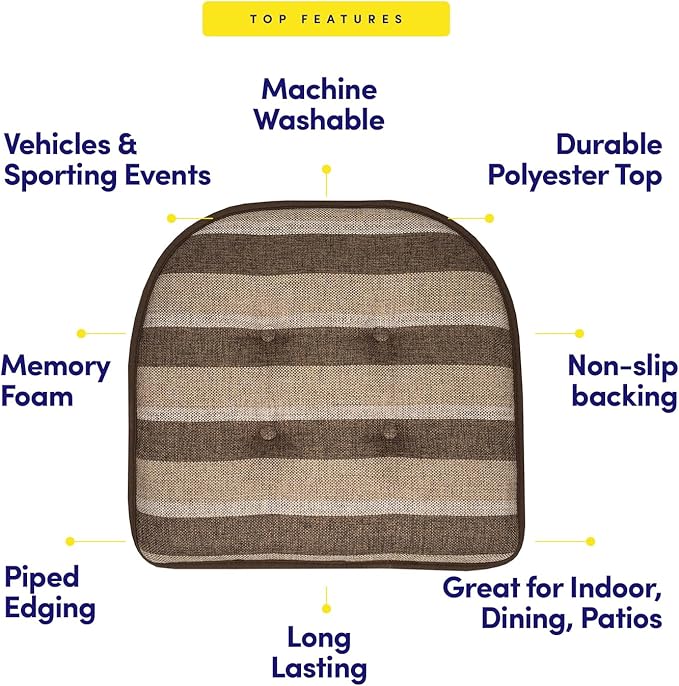 Sweet Home Collection Chair Cushion Memory Foam Pads Tufted Slip Non Skid Rubber Back U-Shaped 17" x 16" Seat Cover, 2 Count (Pack of 1), Bradford Chocolate/Beige