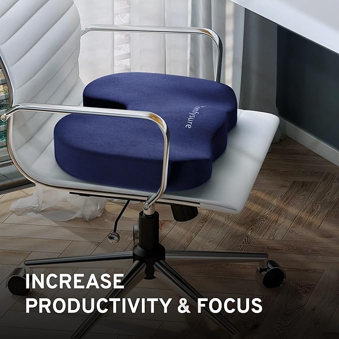 Memory Foam Seat Cushion - Tailbone Pain Relief Cushion, Non-Slip Sciatica Pain Relief Pillow - Cushion for Office Chair, Car, Wheelchair, Computer, Desk Chair - Coccyx, Lower Back Support (Navy)