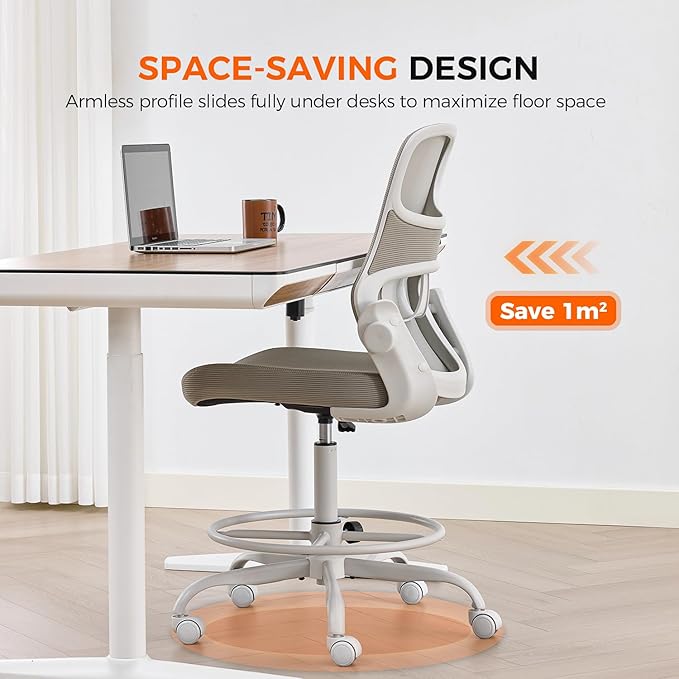 Drafting Chair Armless, Tall Office Chair with Adjustable Foot Ring and Lumbar Support, Ergonomic Mesh High Desk Chair for Standing Desk, Black