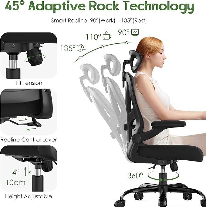 Office Chair Ergonomic Desk Chair - Mesh High Back Office Chair with Headrests Wheels Lumbar Support Home Desk Office Chairs Flip up Armrest Executive Rolling Computer Chair Black 8 Pack
