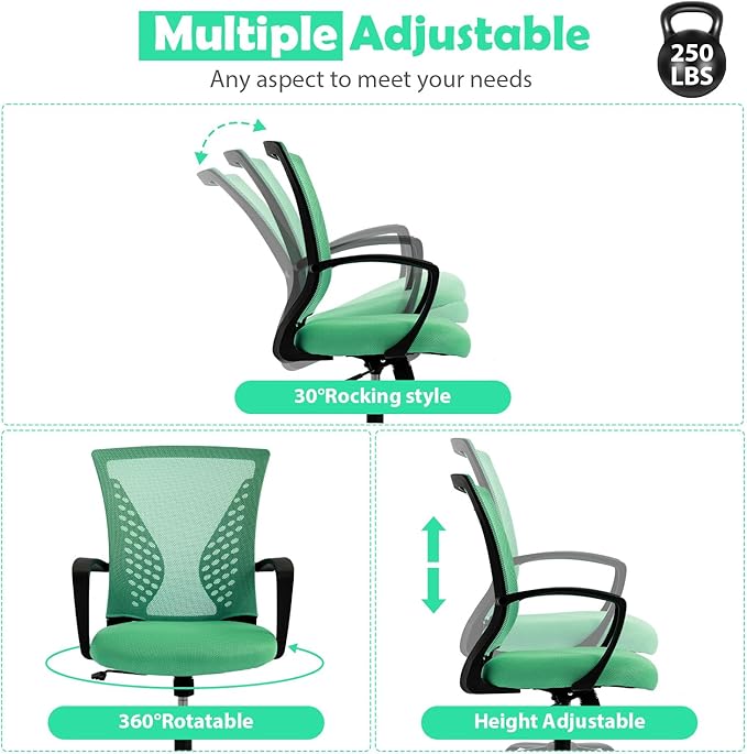 Comfortable Office Chair for Home - Ergonomic Computer Chair with Mesh Back & Lumbar Support, Adjustable Swivel Task Chair for Long Sitting, Mid Back Design (Green)