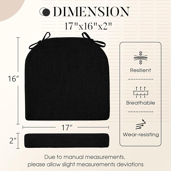 Basic Beyond Chair Cushions for Dining Chairs with Ties and Removable Cover, 2" Thick Seat Cushions for Kitchen Chairs, Set of 4, 17" x 16", Black