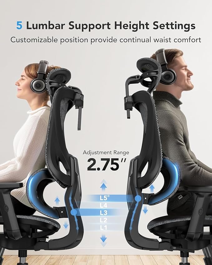HUANUO Ergonomic Mesh Office Chair with 5-Level Lumbar Support, Computer Gaming Chair with Adjustable Headrest & Armrests, Rocking Tilt, Comfortable High Back Desk Chair for Home Office,4 Pack