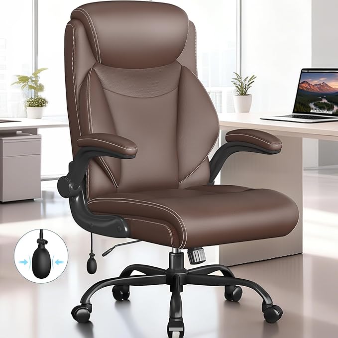 Ergonomic Office Chair, Home Desk Computer Chair, High Back Executive Chair，Padded Leather Ergonomic Computer Desk Chair with Inflatable Lumbar Support & Flip-Up Arms, Swivel Chair,Deepbrown
