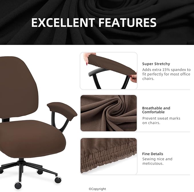Super Stretchable Split Office Chair Seat Covers & Armrest Covers - Universal Spandex Computer Chair Slipcover - 180GSM Rotating Backrest Coverings Cushion Protectors for Dogs, Cats, Pets (Mocha)