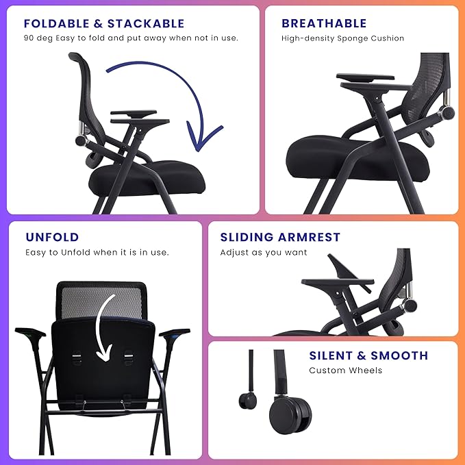 2 Pack Stackable & Foldable Conference Room Chairs with Lumbar Support, Armrest - Ergonomic Mesh Bouncing Back for Office Meeting, Conference, Reception and Training Room Chair