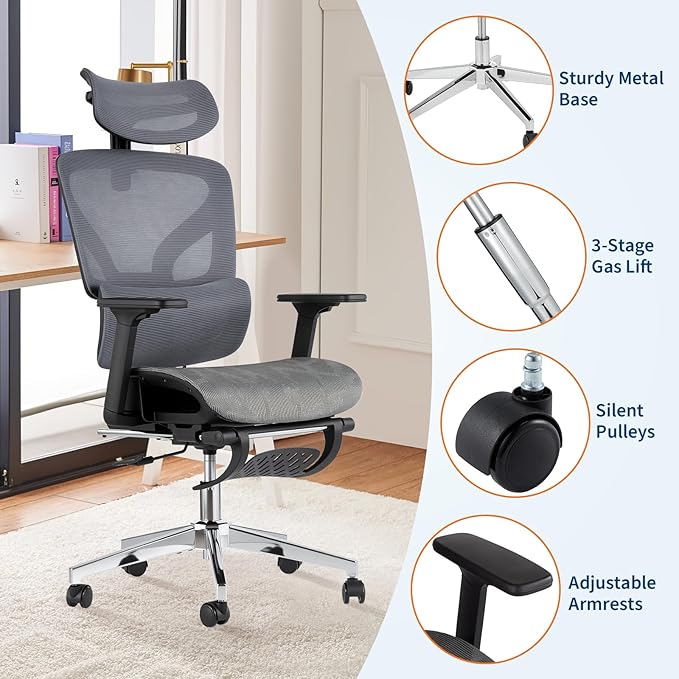 Ergonomic Office Chair with Breathable Mesh Back, High Back Support, 3D Adjustable Armrests, Smooth Rolling Wheels, and Foot Pad – Comfortable Desk Chair for Work, Study, or Gaming