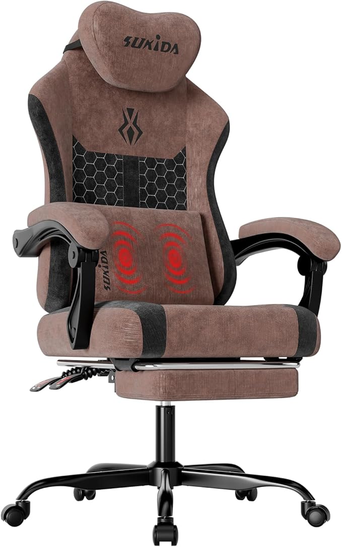 SUKIDA Fabric Video Gaming Chair, Ergonomic High-Back Computer Game Chairs with Large Massage Adjustable Lumbar Support, Headrest and Linked Armrests for Long Hours Sitting Task Chair, Brown