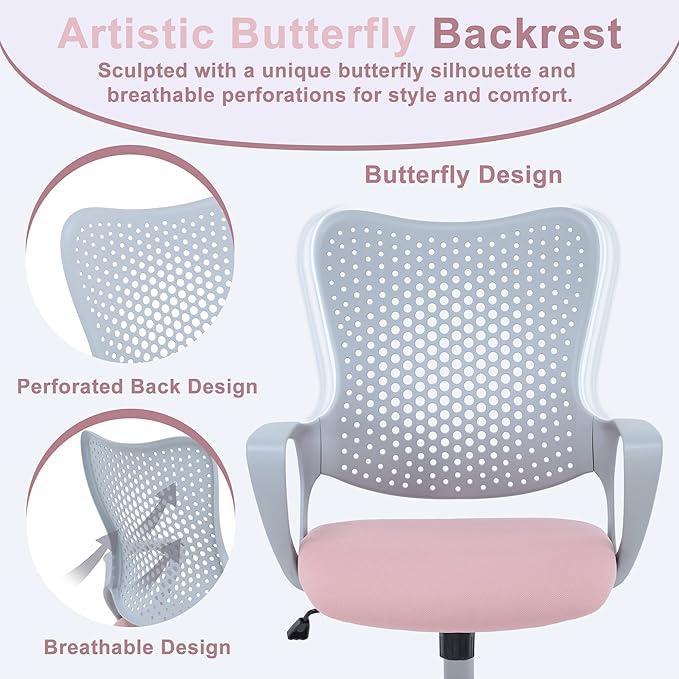 Ergonomic Office Chair, Breathable Mesh Computer Desk Chair with Armrests, Rolling Swivel Task Chair, Butterfly Back Design for Home Office, Adults and Teens (Pink)