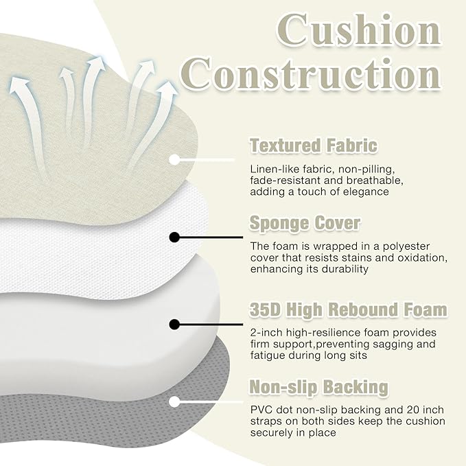 2 Pack Beige Winsor Chair Cushions with Ties, Dining Kitchen Chair Seat Pads Non Slip Removable Washable Cover 17"x16"