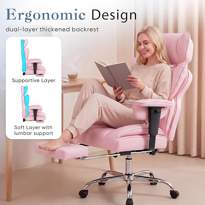 DUMOS Big and Tall Home Office Desk Chair, Gaming Computer Chair, Executive Ergonomic Chair with Footrest, High Back Reclining, Adjustable Armrests and Comfy Lumbar Support, PU Leather, Pink
