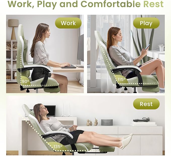 N-GEN GAMING Video Gaming Chair with Footrest Lumbar Support for Home Office High Back Recliner Height Adjustable Ergonomic Comfy Fabric Computer Desk Chair (Green)