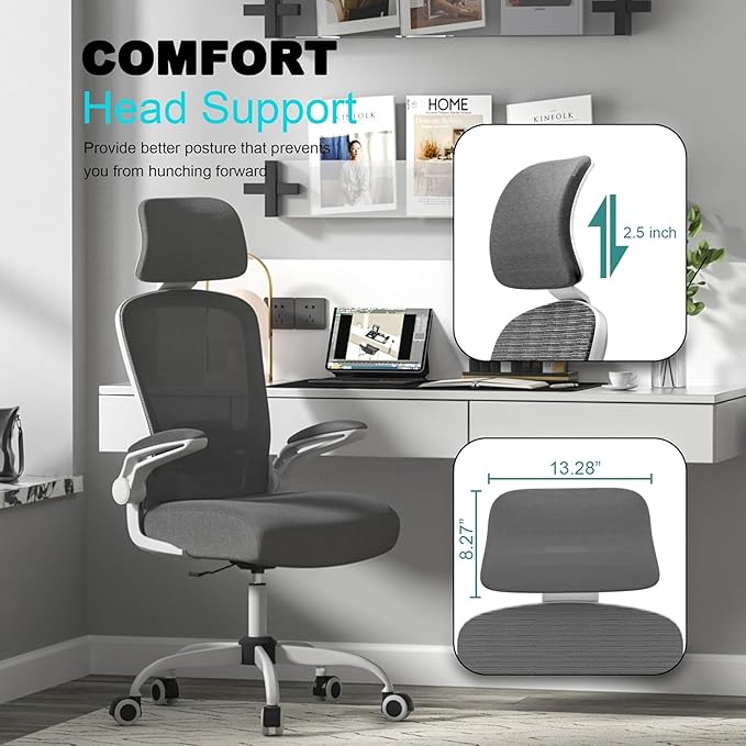 Mimoglad Office Chair, High Back Ergonomic Desk Chair with Adjustable Lumbar Support and Headrest, with flip-up Armrests for Guitar Playing, 5 Years Warranty (Modern, Charcoal (White Frame))