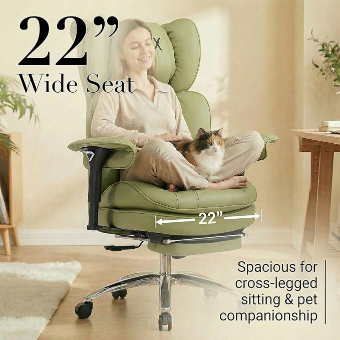 Efomao Big & Tall Executive Office Chair with Footrest - 400lbs Heavy Duty High Back PU Leather Desk Chair, Modern Ergonomic Reclining Computer Chair, Green