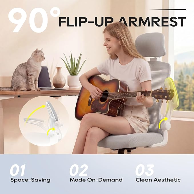 Office Chair, Ergonomic Mesh Desk Chair with Adjustable Lumbar Support and Headrest, Flip-up Armrests, High Back Computer Task Chair for Home and Executive Office (W-All Grey)