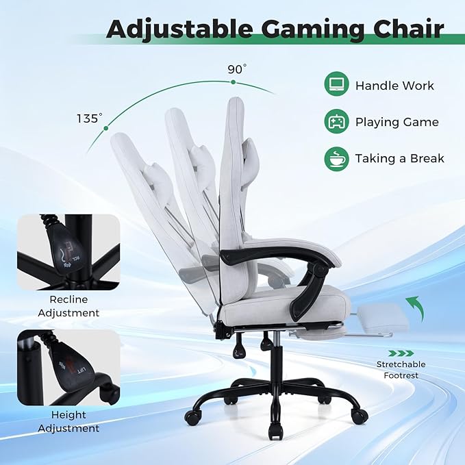 Goplus Gaming Chair, Ergonomic Office Chair with Foot Rest, Lumbar Support, Linkage Armrests, Detachable Headrest, 360°Swivel Computer Chair w/Adjustable Backrest & Height, 330 lbs Capacity (Grey)