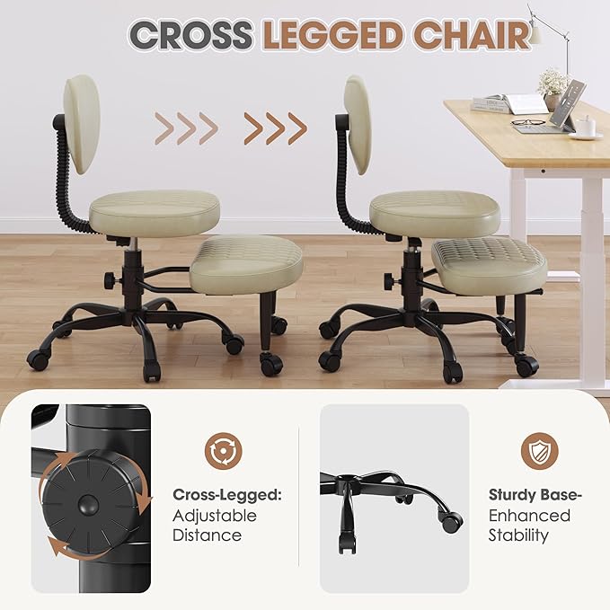 Cross Legged Office Chair, 360° Swivel ADHD Chairs for Adults, Height Adjustable Ergonomic Cross Legged Office Chair with Wheels, Wide Cross Legged Chair for Meditation, Yoga (Beige)