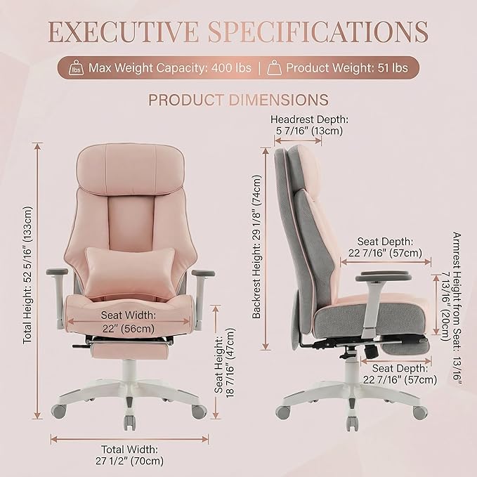 Big and Tall Office Chair 400lbs, Premium PU Leather Executive Chair with Extra Wide Saddle Seat for Cross Legged, 3D Armrests, Footrest, Heavy Duty Ergonomic Reclining Desk Chair (Pink)