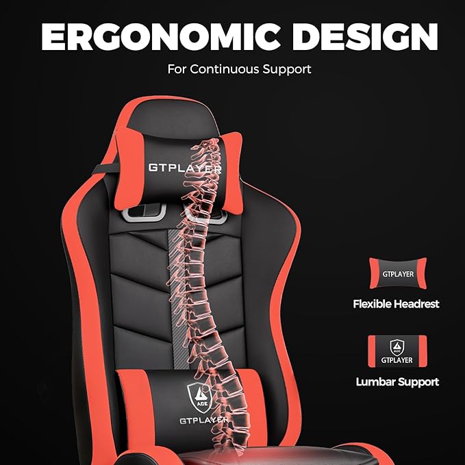 GTPLAYER Gaming Chair, Ergonomic Game Computer Chairs with Foot Rest for Adults, Adjustable PC Game Chair with Reclining Function and Comfortable Headrest for Home and Office Use (RED)