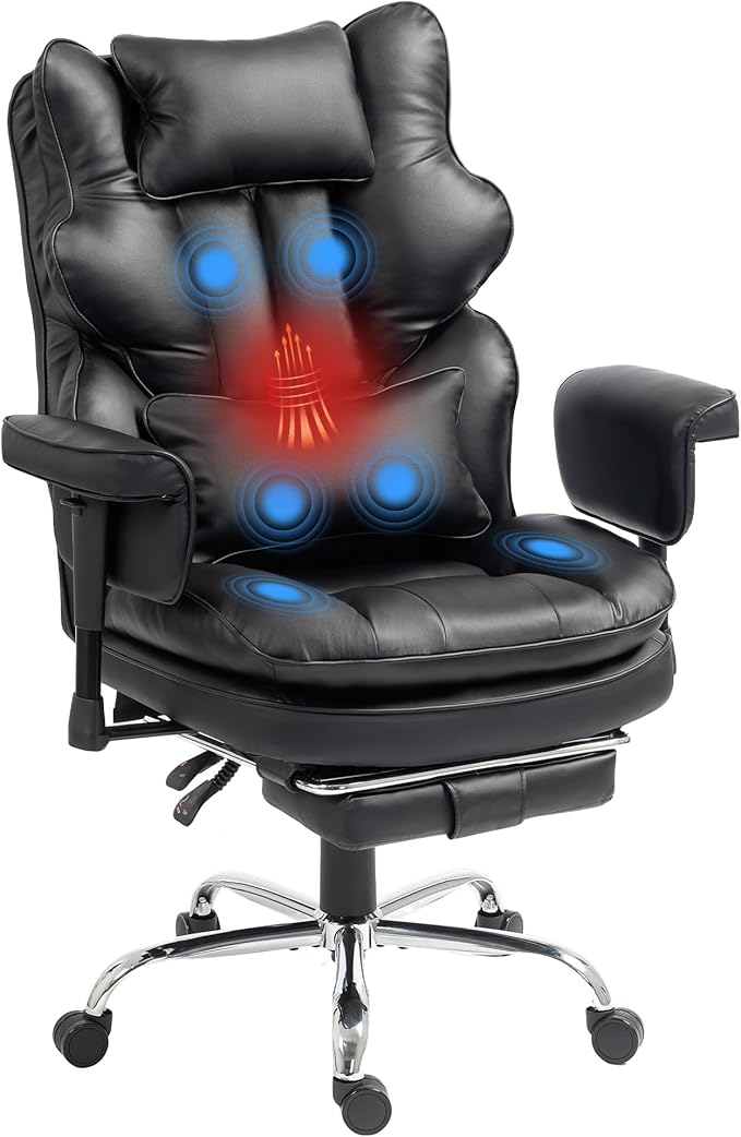 Big and Tall Massage Office Chair with Heat, Extra Wide Double-Layer Pocket Spring Cushion, High Back Reclining Gaming Chair with Adjustable Armrests & Footrest, Heavy Duty Ergonomic Chair, Gray