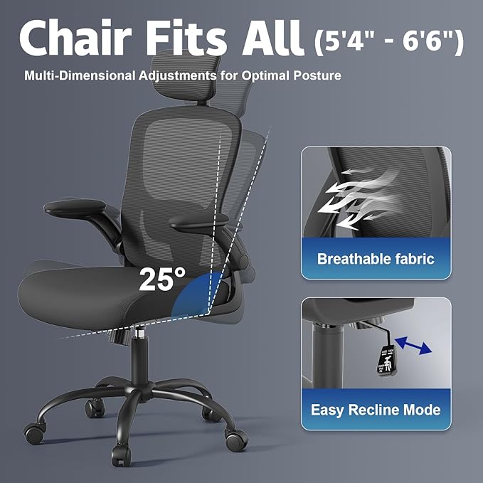 Adjustable Ergonomic Office Chair with Headrest and Lumbar Support, Mesh Back Computer Desk Chair, Flip-Up Armrest, 360° Swivel Rolling Chair for Home Office Study Gaming