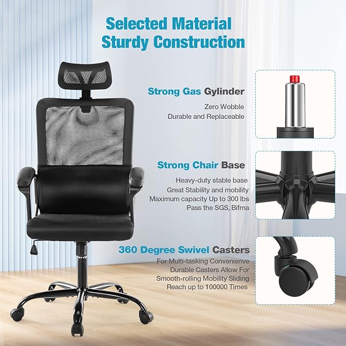 OLIXIS Ergonomic High Back Office Chair – Breathable Mesh with Adjustable Headrest and Lumbar Support, Executive Padded Armrest, Height Computer Task Swivel Rolling, Black (WY56597BK)