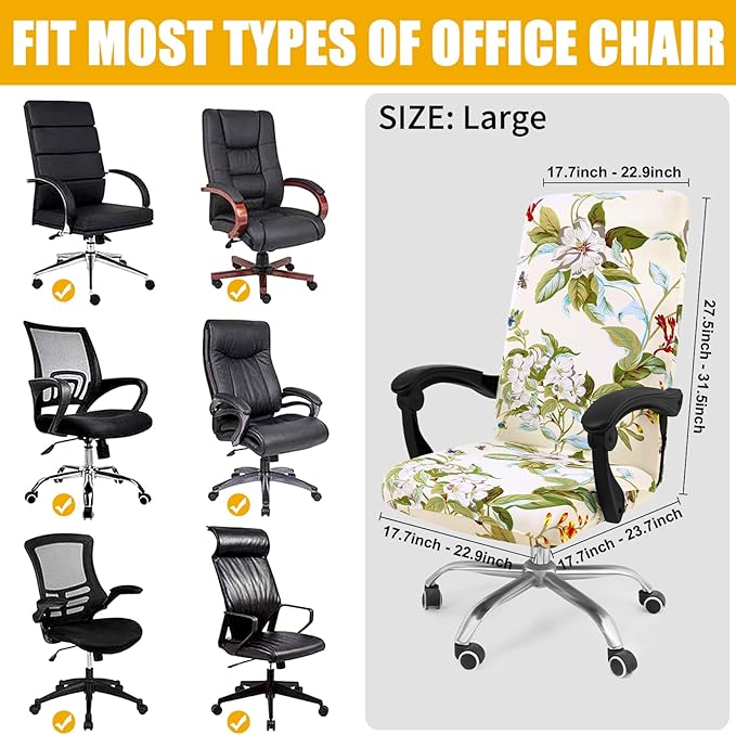 Smiry Stretch Printed Computer Office Chair Cover with Armrest Covers, Soft Fit Universal Removable Washable Desk Rotating Chair Slipcovers, Anti-Dust Spandex Protector with Zipper, Beige and Green