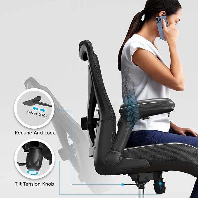 Ergalithic Office Home Ergonomic Desk Chair-Computer X-Shaped Chair Mesh PU Leather with Adjustable Lumbar Support-Executive Chair High Back Flip-Up Arms for Long Hours (Black-No Headrest)