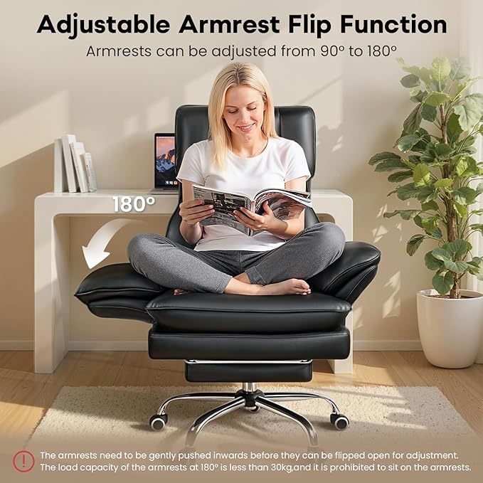 OFIKA Big and Tall Office Chair 400LBS,Flip Armrests for Pets & Cross Legged Sitting, Ergonomic Leather Executive Desk Chair with Foot Rest, Ergonomic High Back Leather Executive Chair, Black
