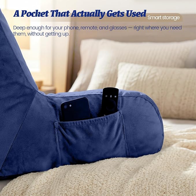 ACH Reading Pillow with Arms for Adults - Adjustable Memory Foam Bed Rest Pillow, Lumbar & Neck Back Support, Soft Velvet Cover Machine Washable, Deep Side Pocket & Carry Handle, Blue