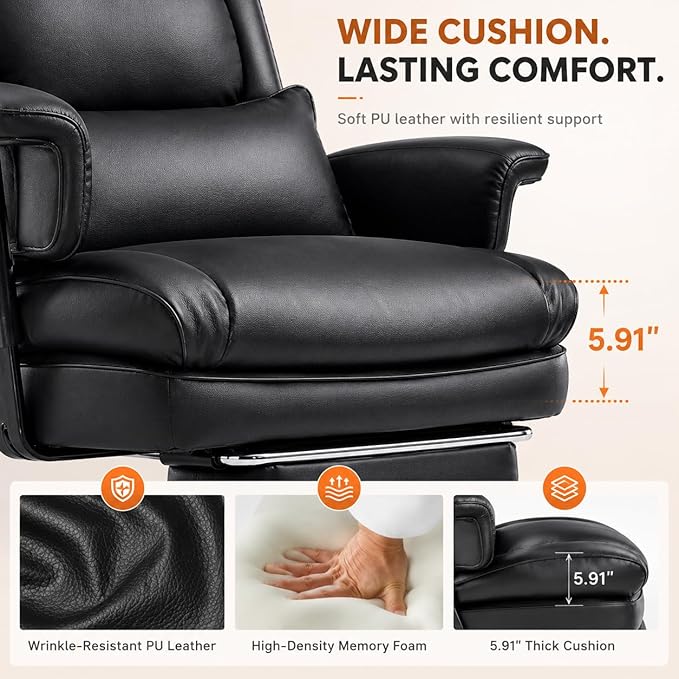 Big and Tall Ergonomic Office Chair with Footrest, Executive High Back PU Leather Desk Chair, Reclining Computer Chair with Adjustable Lumbar Support and Armrests, Swivel Rolling Gaming Chair, Black