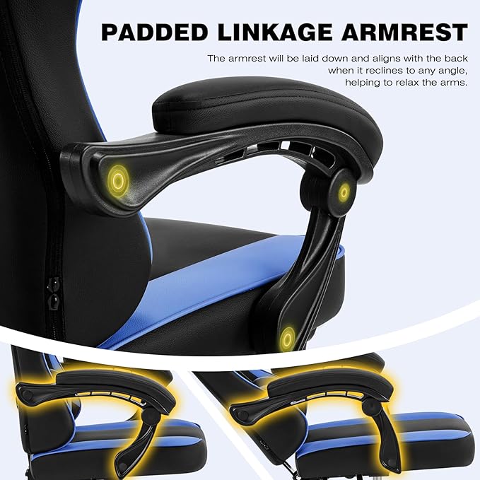 Gaming Chair with Footrest, Comfy Video Game Chairs for Adults Boys with Adjustable Lumbar Support, Linkage Armrests, Reclining Ergonomic Computer Chair for Gaming Office, 360°Swivel, Blue
