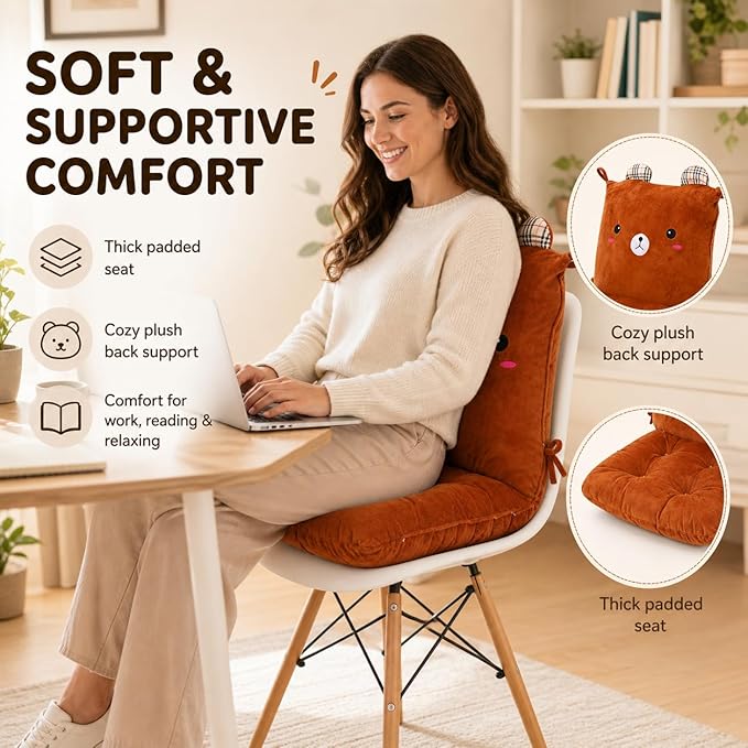 ChezMax Chair Cushion Plush Seat Cushion Back Cushion with Ties, Detachable Thickened Desk Chair Pads, Cartoon Waist Pillow Cushion Decor for Chair Car Office Patio Wheelchair, Cartoon Bear