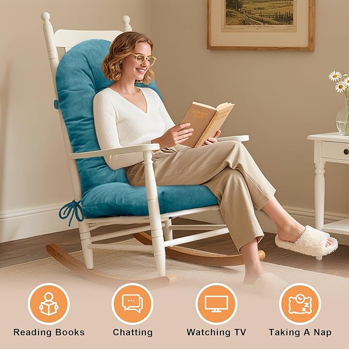 Rocking Chair Cushion - Velvet Fabric, High-Density Sponge, Durable Comfort Non-Slip Bottom Tufted Seat Pads with Ties, Velvet︱Blue, 44x19x4 inch