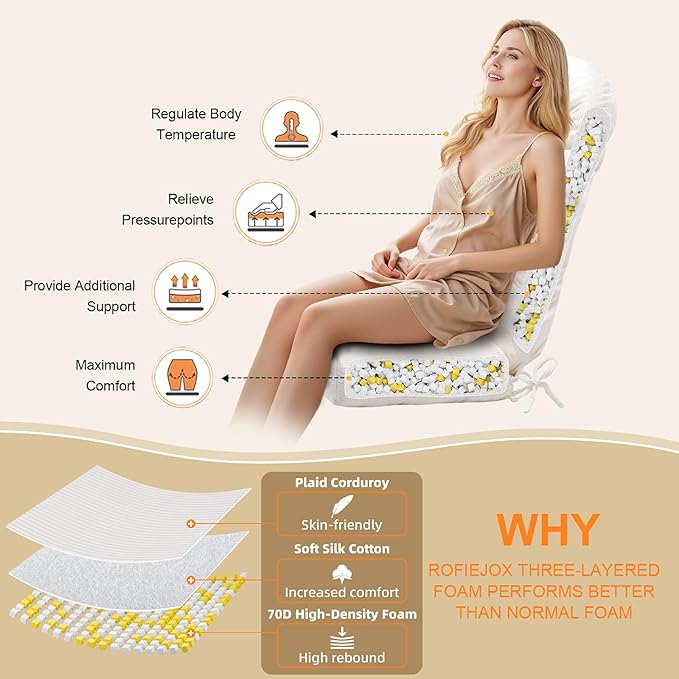 Rocking Chair Cushion - Corduroy Fabric, High-Density Sponge, Durable Comfort Non-Slip Bottom Tufted Seat Pads with Ties, Corduroy︱White, 44x19x4 inch