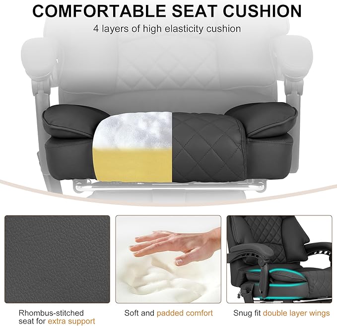 Kneading Massage Office Chair with Heated,90-135° Reclining Executive Office Chair with Footrest,Computer Desk Chair with Wheels,Diamond-Stitched Cushion Leather Office Chair (Black)