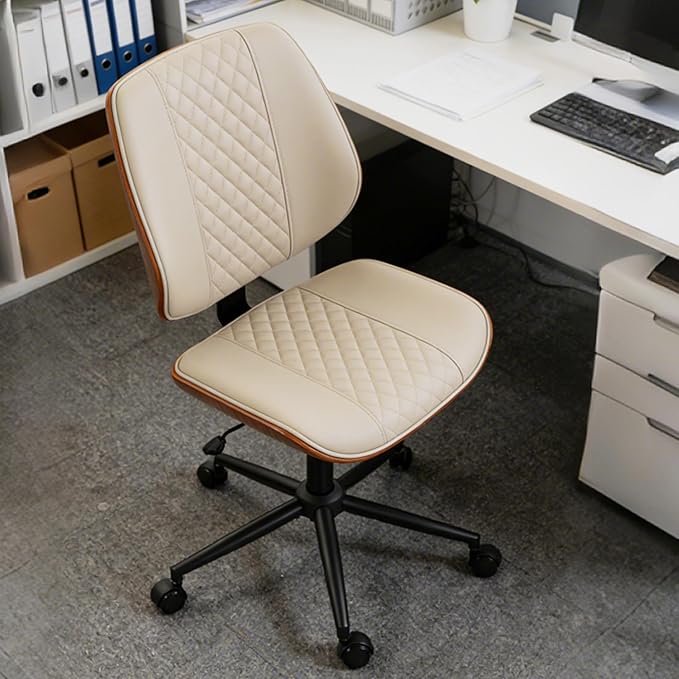 DYHOME Modern Walnut Home Office Chair with Wheels, Executive Office Desk Chair No Arms, Adjustable Height Small Desk Chair, Comfy PU, Deeper Cushion, Mid Back 360 Swivel Computer Chair, Beige