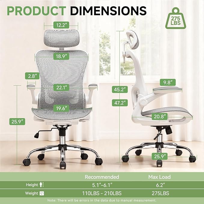 GTPLAYER Office Chair, Home Ergonomic Desk Chair with High Back Mesh, Mesh Office Computer Desk Chairs with Adjustable Lumbar Support, Rolling Work Swivel Task Chairs with 3D Armrests and Headrest