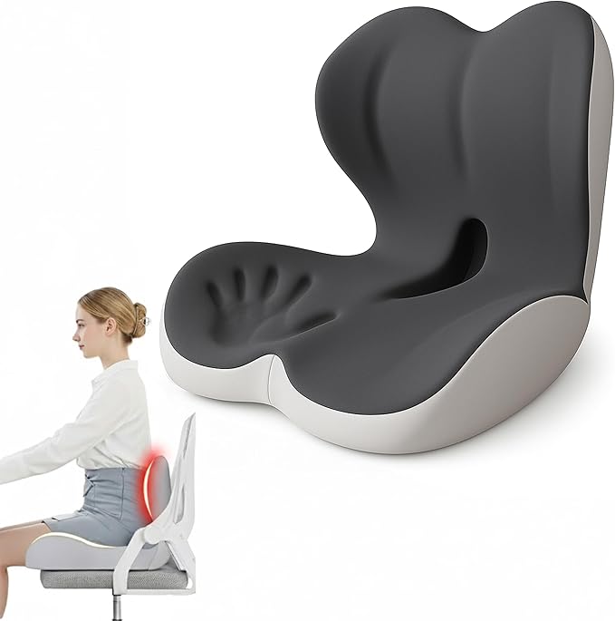 Premium Ergonomic Seat Cushion Set with Back Support, Non-Slip Base for Office Chair, Memory Foam Lumbar Pillow, Back Pain Relief, Car Seat (Light and Dark Gray)