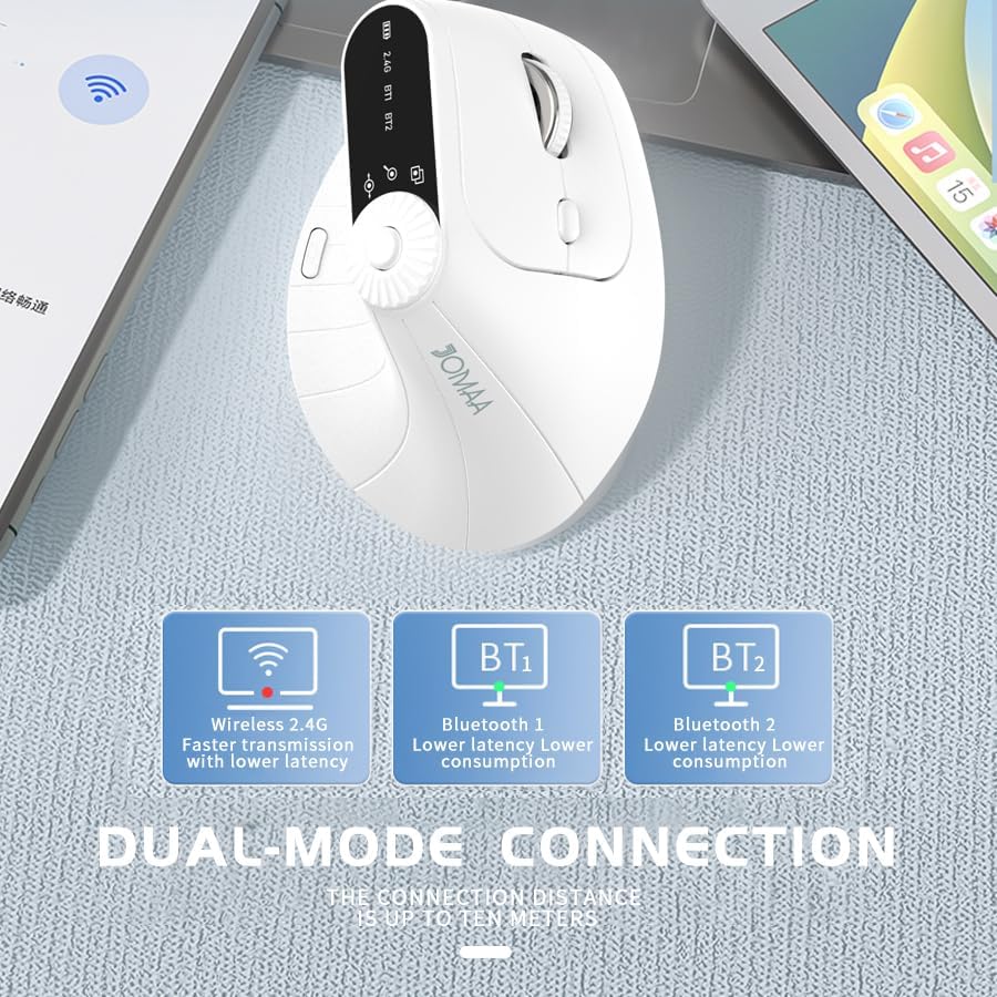 JOMAA Wireless 2.4G & Dual Bluetooth Three-Channel Ergonomic Vertical Mouse Adjustable DPI, Multi-Function Turntable for PC, Laptop, MacBook, Rechargeable (White)