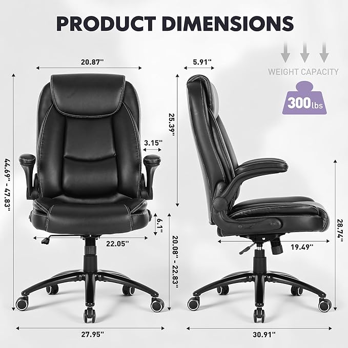 MALOL 300lbs Office Chair with Flip-Up Armrests & Reclining Backrest, Ergonomic PU Leather Executive Desk Chair-Adjustable Height & Tilt Tension, Black